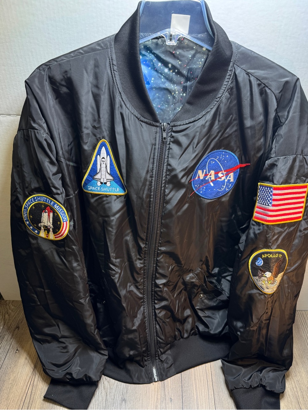 Spirit NASA Apollo 11 Reversible Black Jacket Men's Sz XL Space Lining Patches